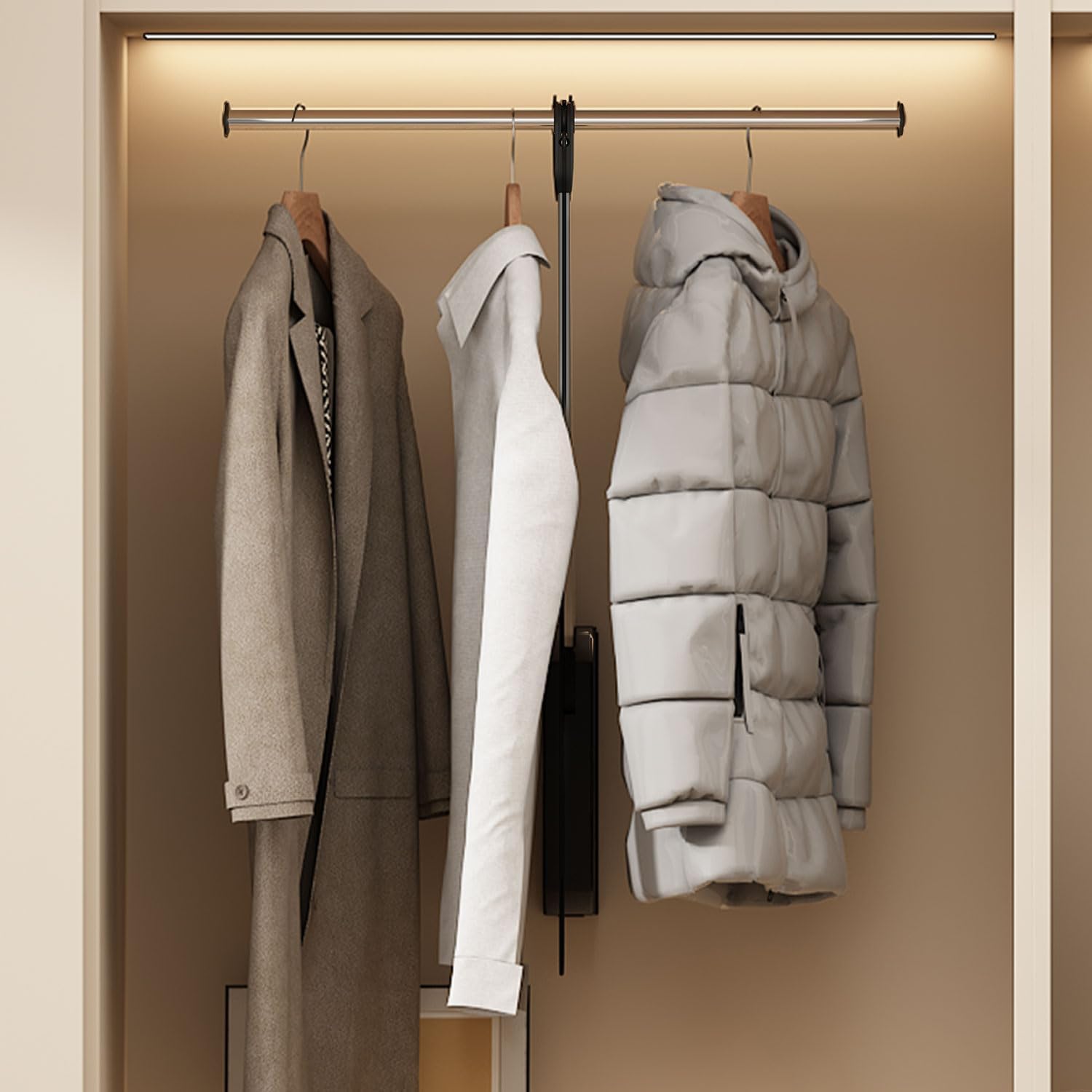 Pull Down Closet Rod, 26 Inch Soft-Close Buffering Clothing Organizer, Stainless Steel Back Mounted Closet Rod for Hanging Clothes Space-save in Tight Spots, Holds Up to 22lbs