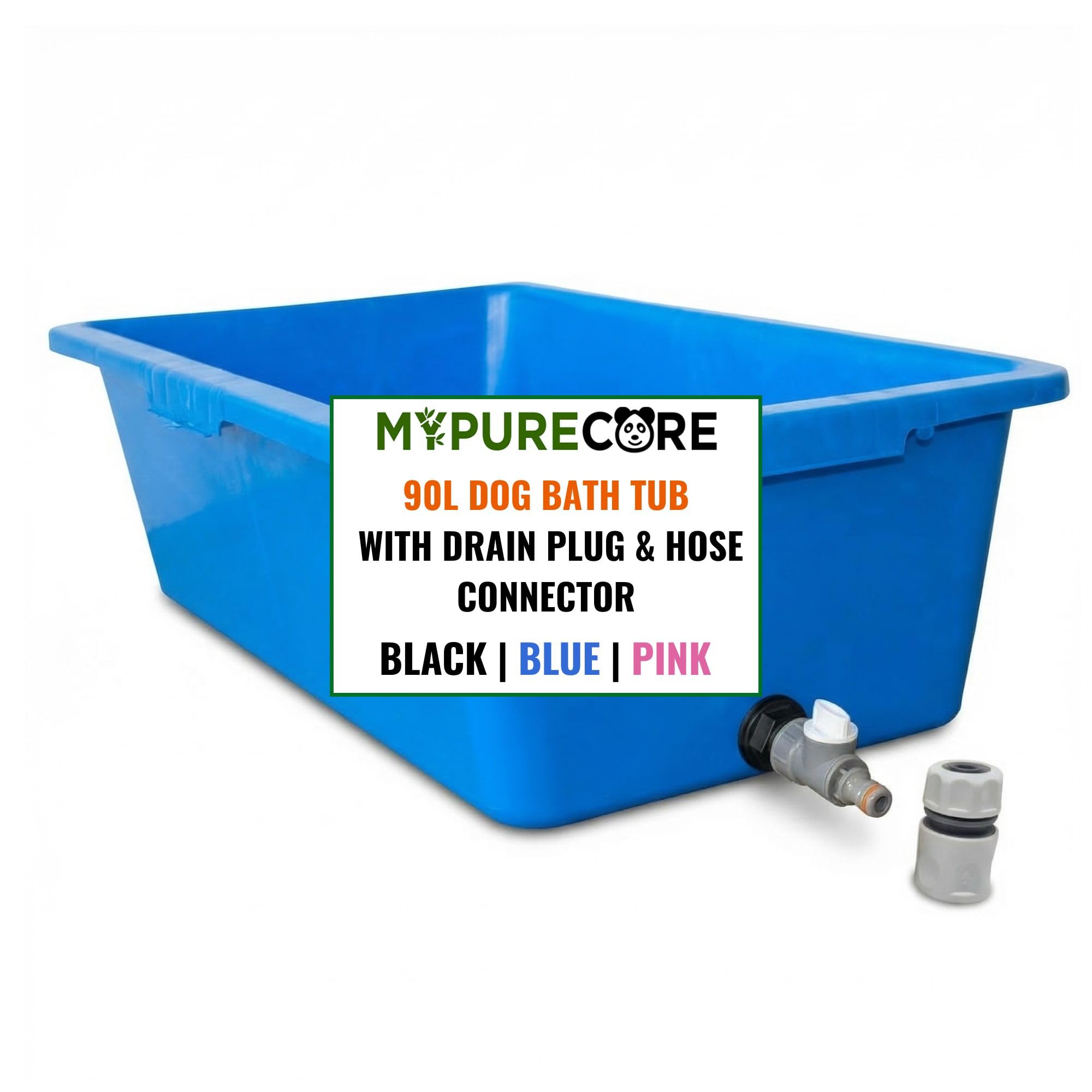 MYPURECORE 90L Dog Bath Tub – Pet Bath Pool with Drain Plug & Hose Connector – Durable Plastic Dog Washing Tub for Indoor & Outdoor Use (BLUE)