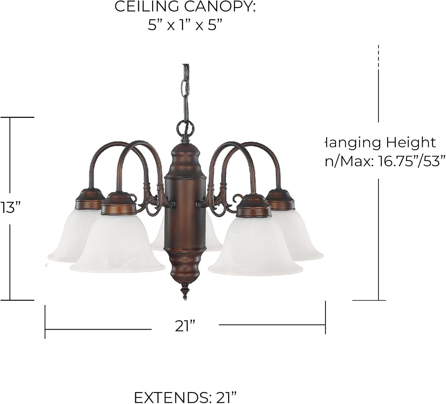 Capital Lighting 3255BB-118 David Faux White Alabaster Glass Chandelier, 5-Light 500 Total Watts, 15" H x 23" W, Burnished Bronze