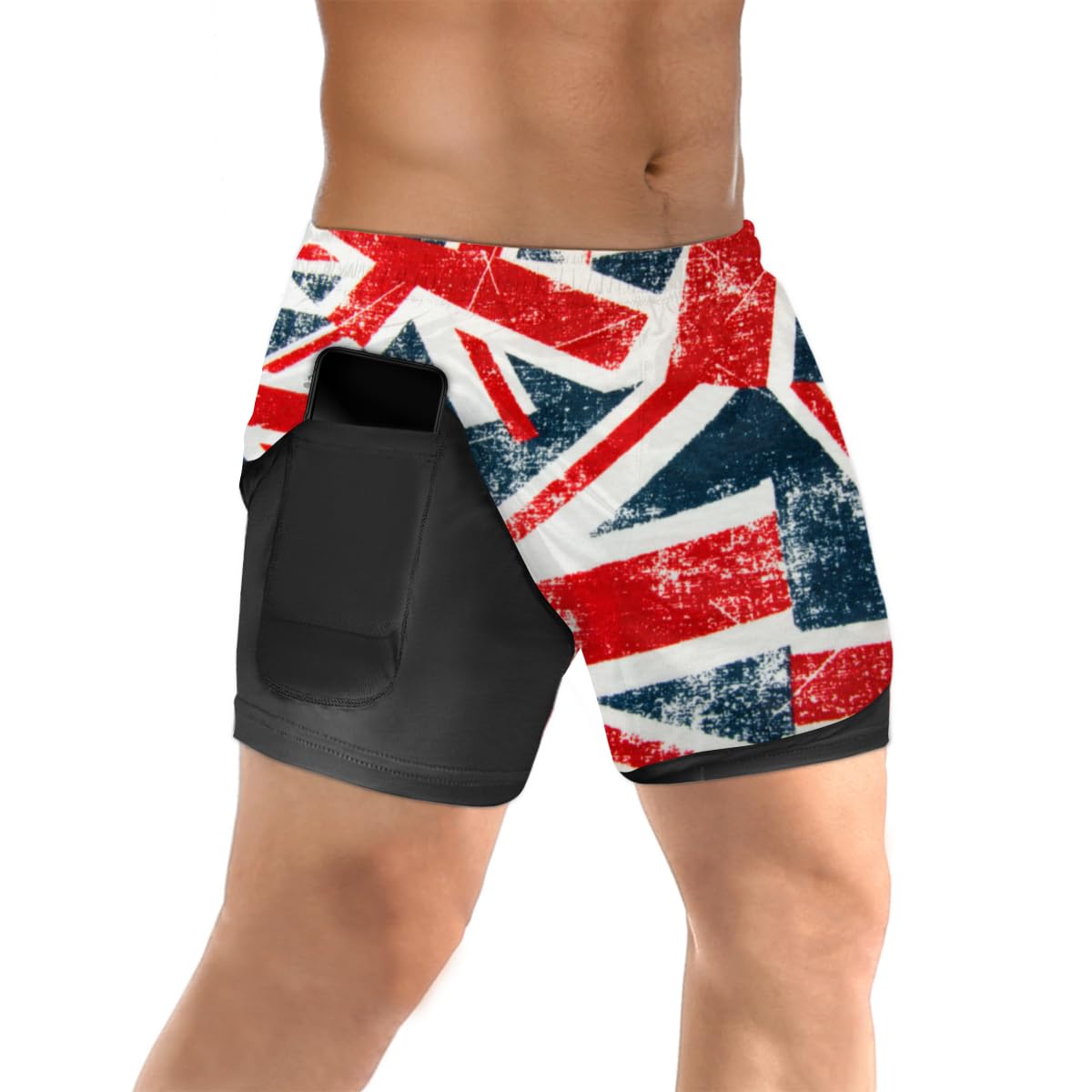 TropicalLifeUK Union Jack Men's Running Shorts Quick Drying Short, UK Flag Men Sport Workout Shorts with Phone Pocket 2 in 1 Gym Training Shorts