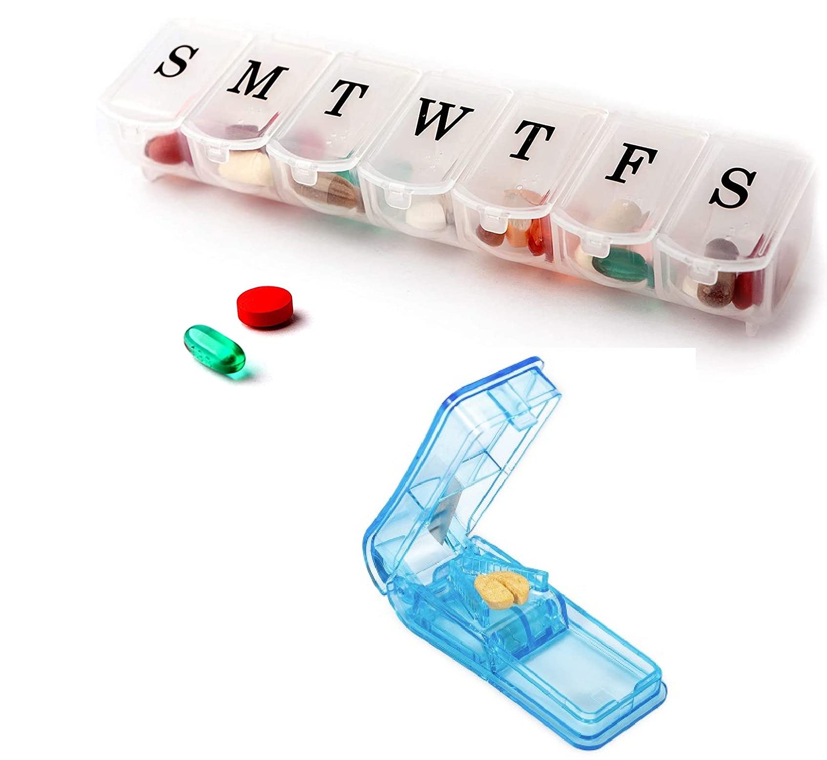 SHREETA Pill Organizer Set Include 1 Piece Pill Cutter and 1 Piece 1 Time A Day Medicine Organizer Box Organizer Box for Travel 7-Day Considerate Designs for Convenient Carry Pills and Tablets
