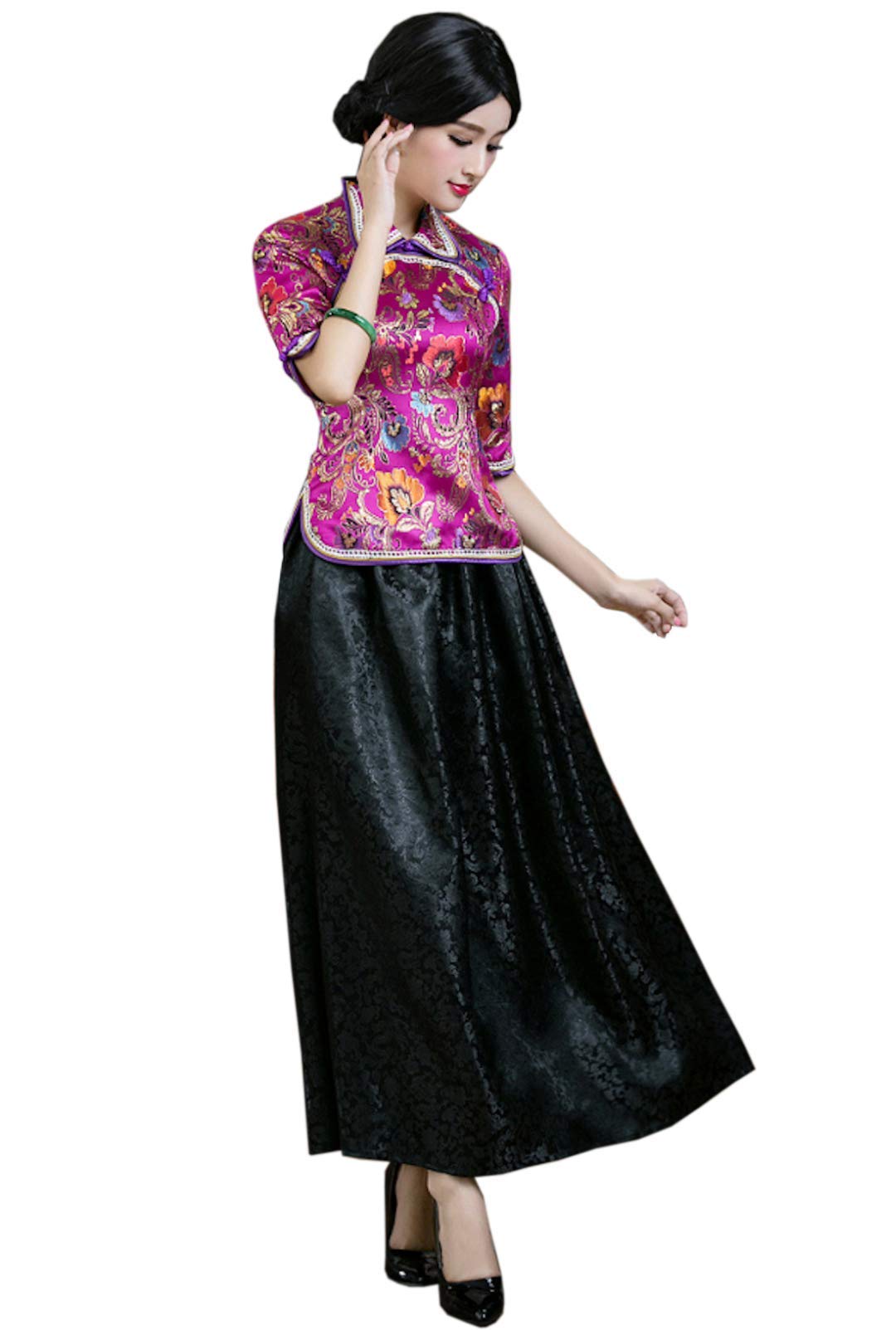 HangErFeng Qipao Upper and Lower 2 Piece Fashion Cheongsam with Chinese Cloud-Pattern Brocade Wedding Skirt Red