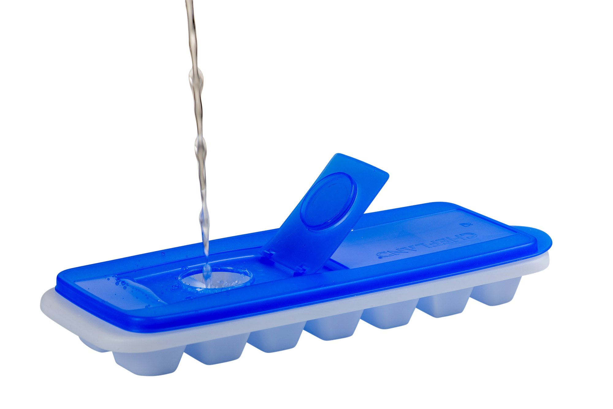 ChefLand Easy Release No Spill Ice Cube Tray with Removable Cover, Stackable, Compact, Odor Free Ice Cube Tray In White With Blue Lid, Set of 2