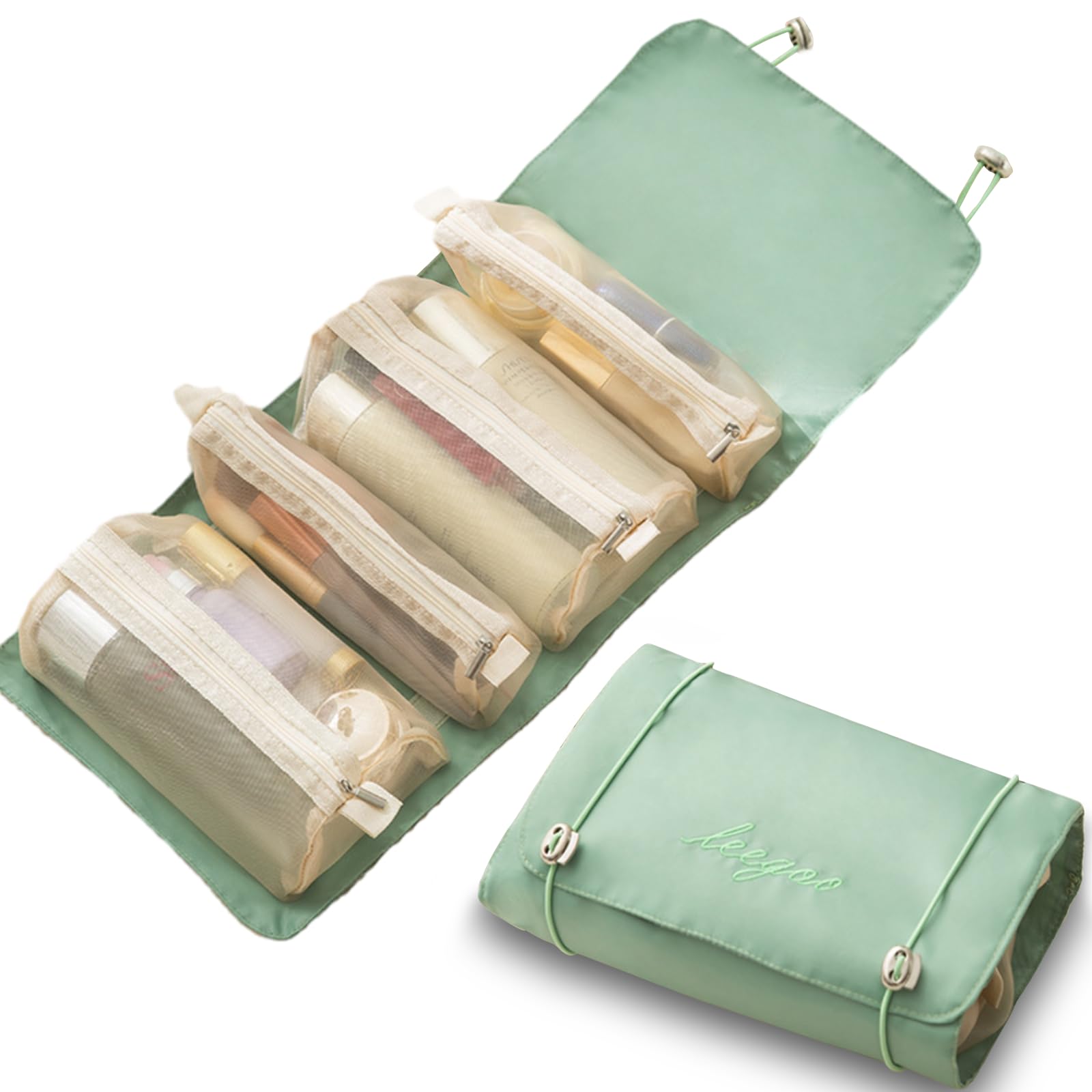 Travel Makeup Bag, Detachable Toiletry Bag Women, 4 in 1 Roll-Up Portable Cosmetic Bag with Large Capacity Zipper Clear Pouch, Waterproof and Breathable Makeup Organizer, Makeup Pouch, Light Green, 4-image-43