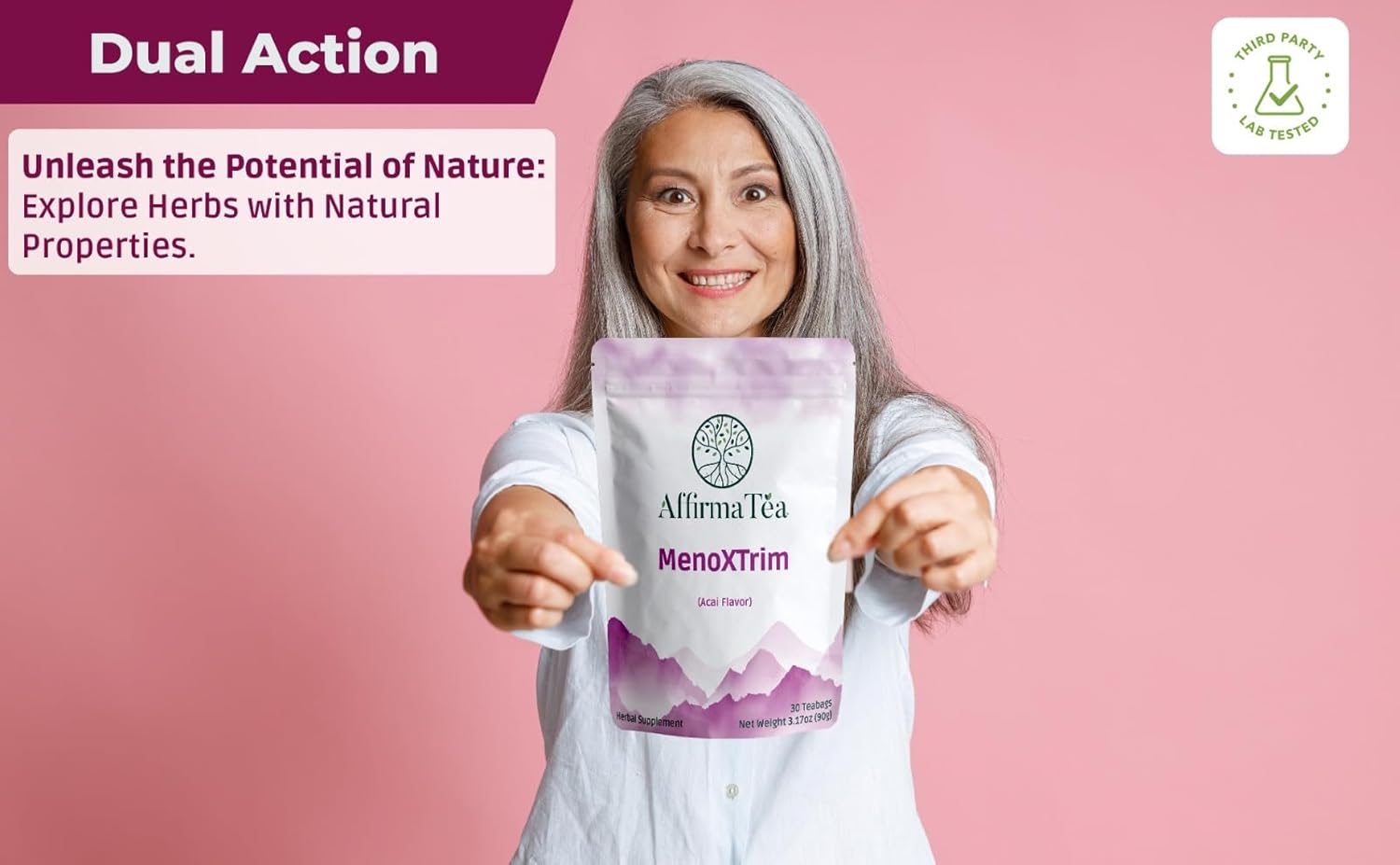 MenoXTrim Organic Menopause Relief: Hormone Balance | Bloating | Hot Flashes | Excess Water | Midlife Belly | Yerba Mate, Dandelion, Nettle Leaf, Lemon Balm, Turmeric, Ginger | Natural Açai Flavor. - Image 3