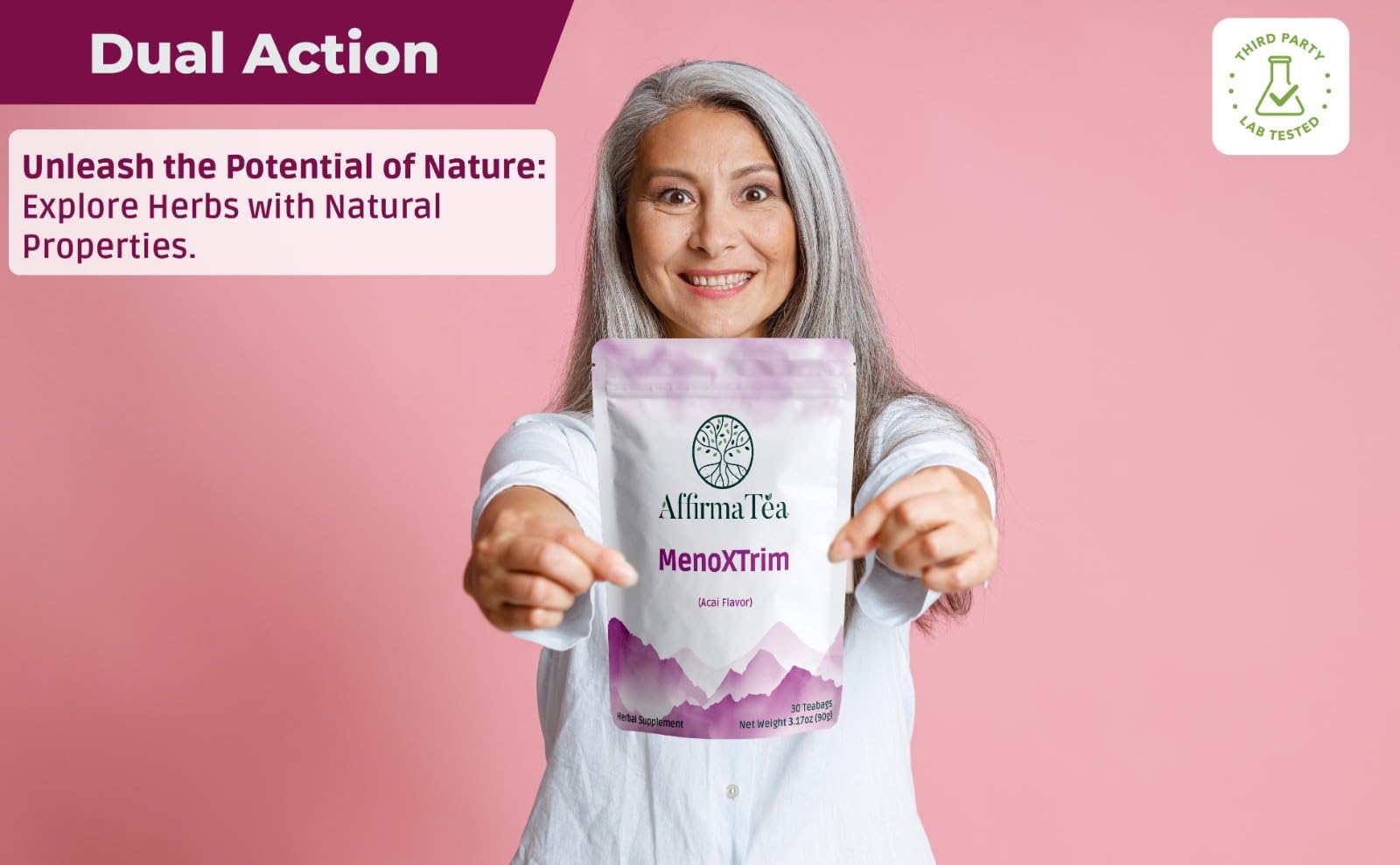 MenoXTrim Organic Menopause Relief: Hormone Balance | Bloating | Hot Flashes | Excess Water | Midlife Belly | Yerba Mate, Dandelion, Nettle Leaf, Lemon Balm, Turmeric, Ginger | Natural Açai Flavor.