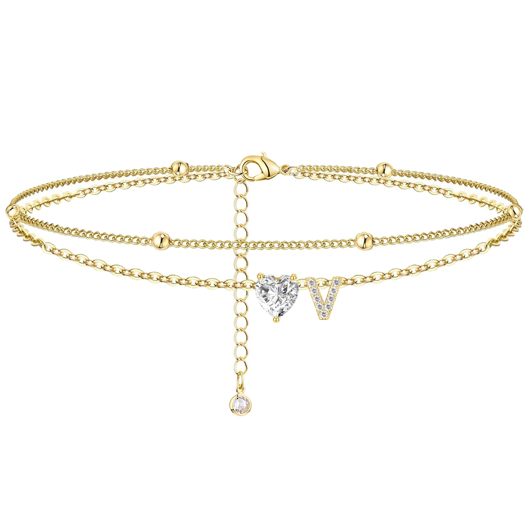 MYYOII Ankle Bracelets for Women Waterproof 14K Gold Plated CZ Initial Anklet for Women Dainty Layered Letter Heart Ankle Bracelets Handmade