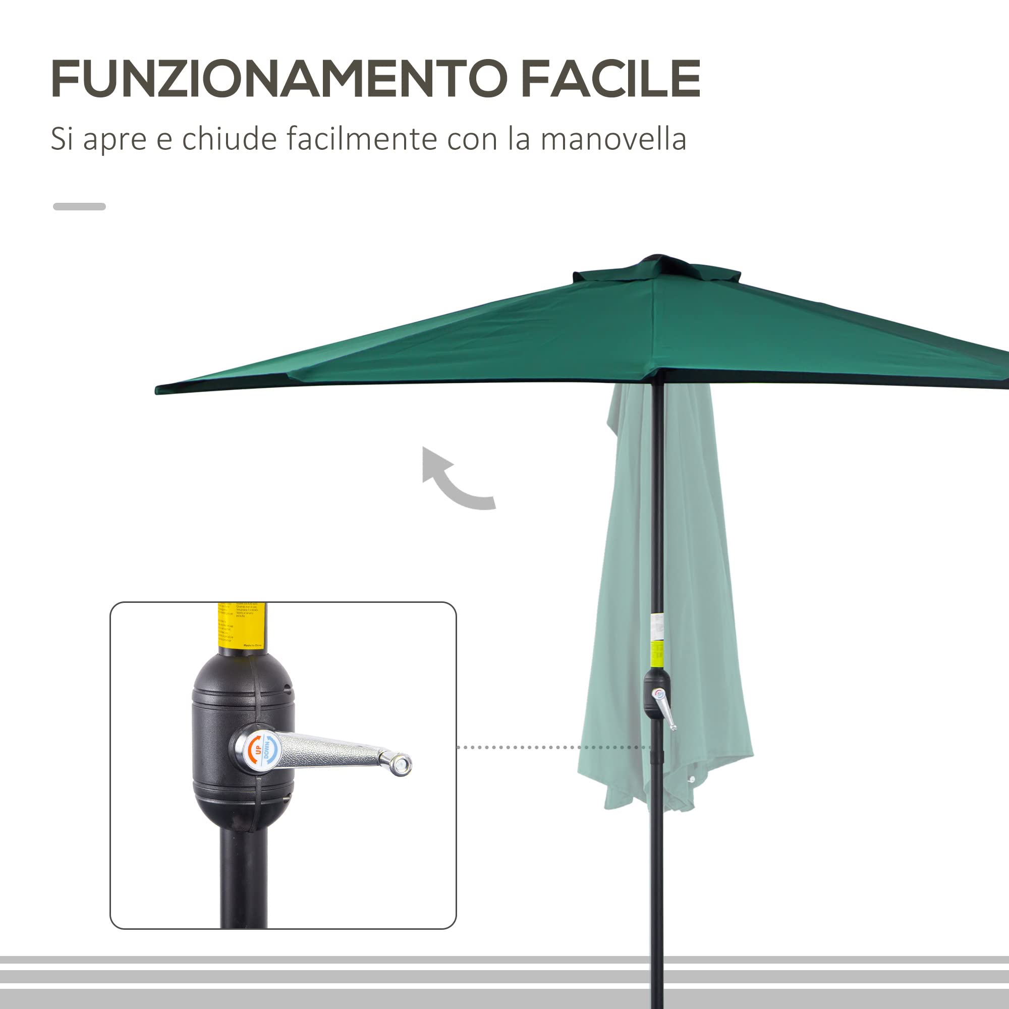 Outsunny Ombrellone Mezzaluna da Parete e Muro 2.7 x 1.4 m per Patio e Balcone, Ombrellone da Giardino in Poliestere con Apertura a Manovella e 5 Stecche, a Semicerchio con Palo a 2 Sezioni