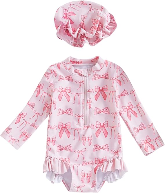 Costume Da Bagno Neonato 1 Pezzo Manica Lunga Anti-UV Con Cappello - Protezione Solare Per Bambina, Stampa Frutta E Fiori