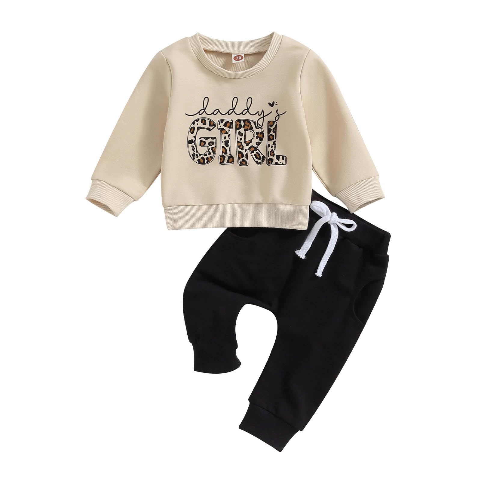 Toddler Baby Girl Outfits Newborn Infat Fall Winter Clothes Leopard Letter Sweatshirt Tops Jogger Sweatpants Sets (Apricot Girl, 12-18 Months)