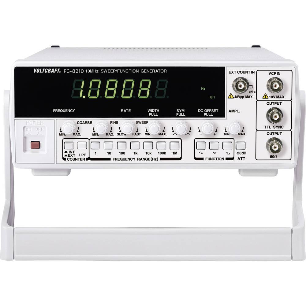 Aghaidh view of the VOLTCRAFT 8210 Function Generator, showing the control panel, display, and output ports.