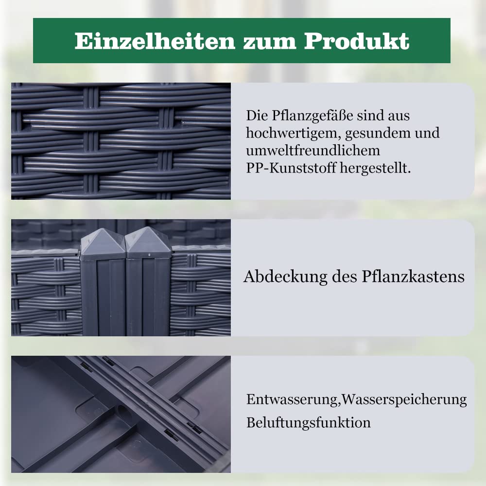 Mingone 4X Blumenkasten Rattan Optik Kunststoff, 40x40, Grau | Wasserspeicher, Balkonkasten, Für Balkon Garten Terrasse