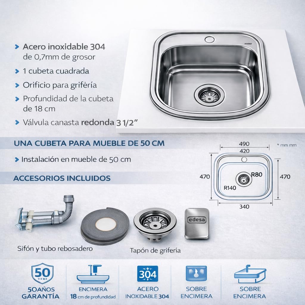 Edesa Fregadero Sobre Encimera Encastre K2 SE 47, 1 Cubeta, Ancho 50 cm, Con Orificio, Profundidad 18 cm, Accesorios Incluidos, Color Gris, Acero Inoxidable