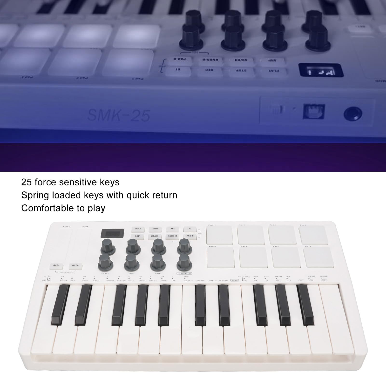 XUMIUZIY Teclado Midi de 25 Teclas, Controlador de Teclado Midi Bluetooth con 8 Almohadillas batería retroiluminadas RGB y 8 perillas, Beat Maker portátil y Keytar para producción Musical