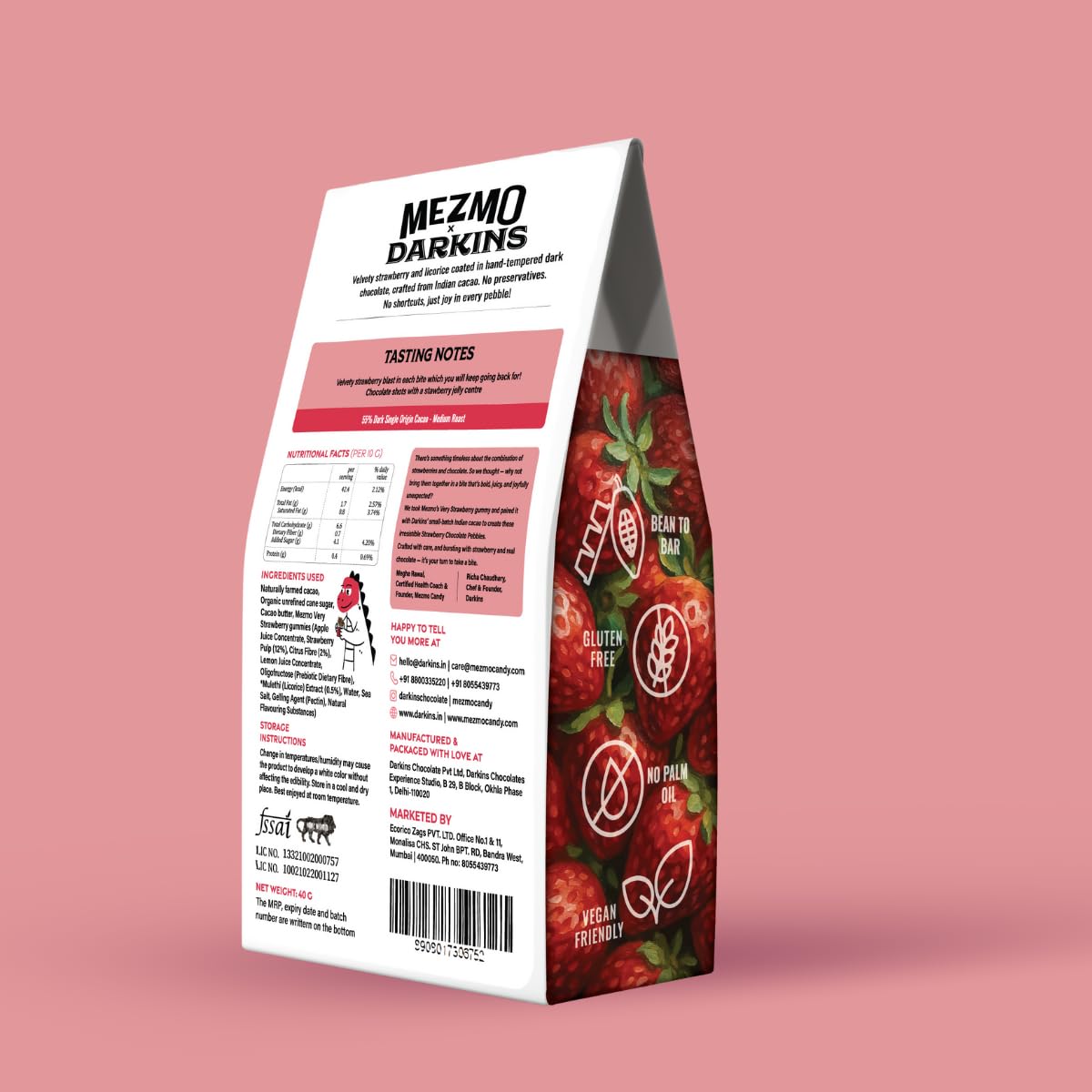 Mezmo x Darkins Strawberry Chocolate Pebbles | Real Strawberry Gummies Coated in Premium Dark Chocolate | Made with Small-Batch Indian Cacao | No Preservatives | 2 Box Pack