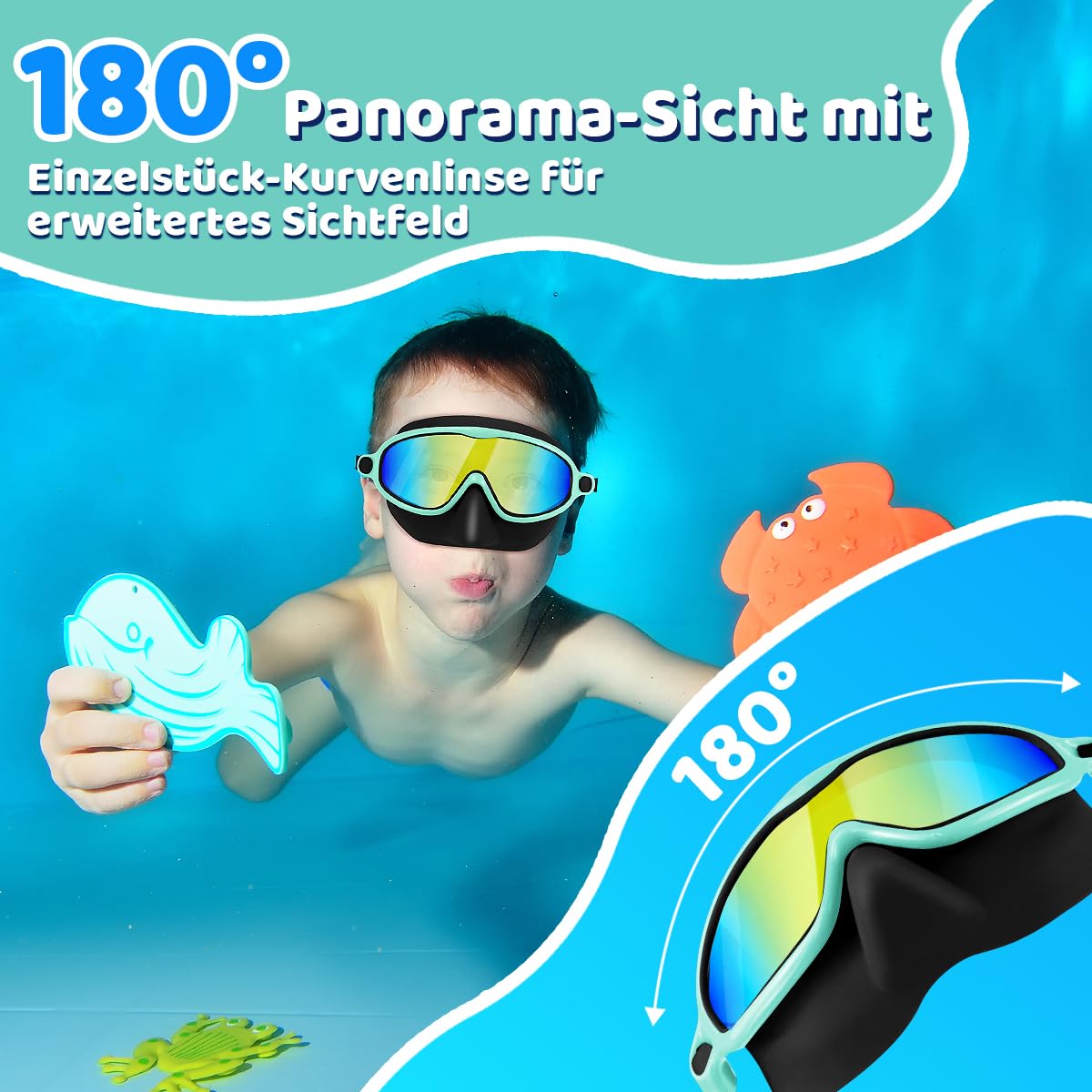 Vvinca Lot de 2 lunettes de natation avec pince-nez, étanches, pour enfants de 3 à 15 ans, grand angle, anti-buée/protection UV