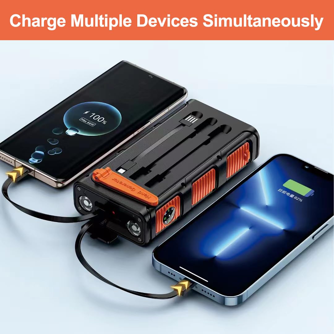 Cargador Solar Power Bank 30000mah Carga Rápida Batería Externa Inalámbrica con 3 Cables de Carga Integrados para Teléfono Tabletas