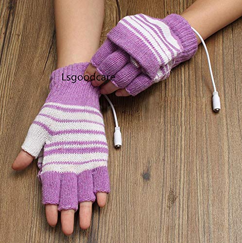 Lsgoodcare Purple USB 2.0 Stripe Pattern Fingerless Heating Knitting Wool Hands Warm Gloves Gloves for Women Men Girls Boys - Thumbnail 2