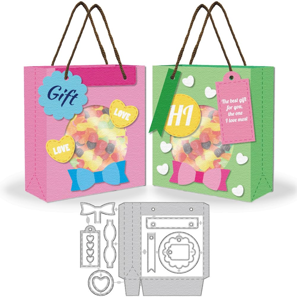 3D Gift Bag Cutting Dies 2 Styles Gift Box Card Borders Stitch Die Cut Sewing Carbon Steel Die Cuts Stencils Card Making with Bow Tie Scrapbooking Embossing Template for Gift Packaging