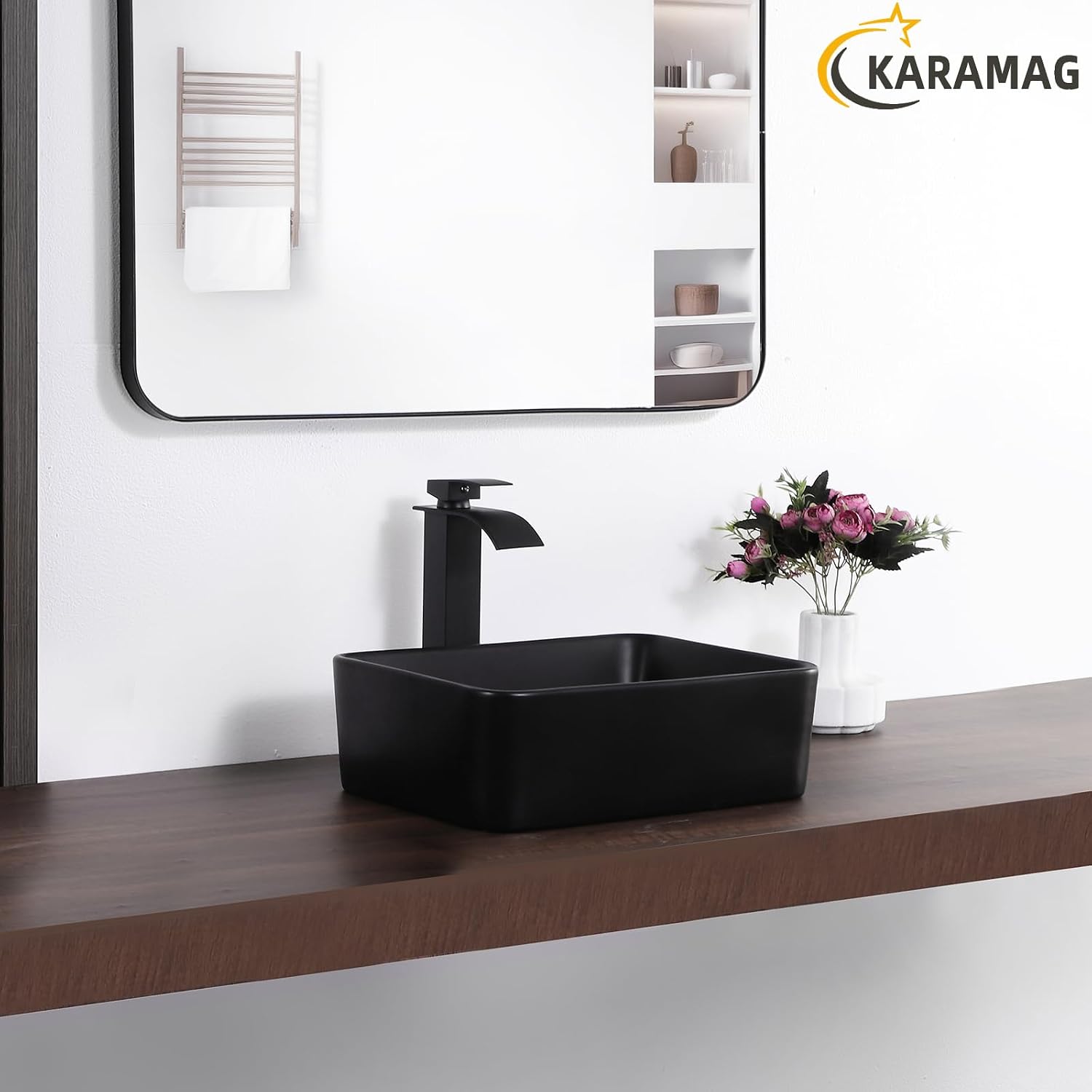Black Vessel Sink Rectangle 16"x12" Bathroom Sink Rectangular Modern Above Counter 16 Inch Small Bathroom Sinks Matte Black Porcelain Ceramic Vessel Vanity Sink Art Basin