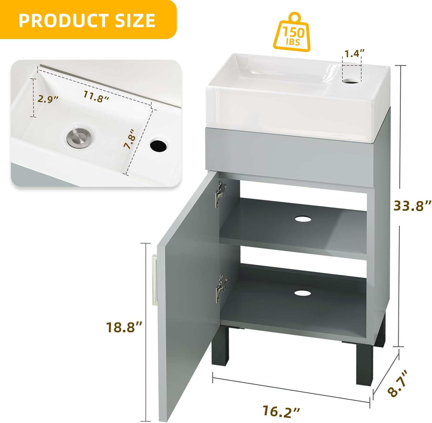yitahome 16 inch bathroom vanity with sink, bathroom cabinet vanity for small space, freestanding storage bathroom vanity with 1 soft closing cabinet, grey grey 16 inch
