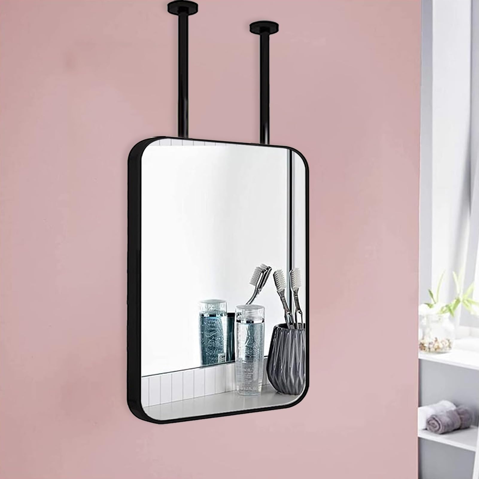 WJFTODAY 50x60cm Rectangular Hanging Mirror, Metal Frame Decorative Vanity Mirror with Double for Bathroom & Dressers, Stylish Ceiling Mount Make-up Mirror