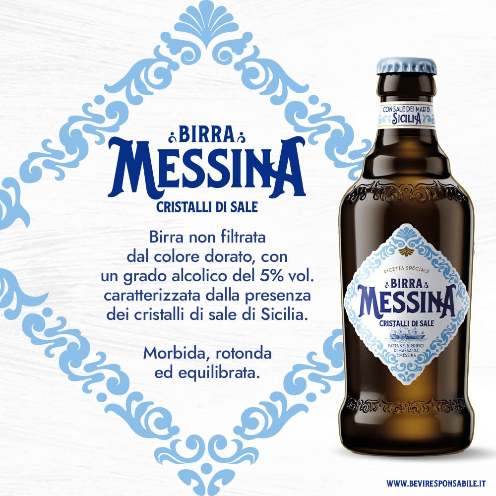 Birra Messina Cristalli di Sale, Cassa con 15 Bottiglie da 50cl, Birra Premium Lager a Bassa Fermentazione, Gusto Morbido, Fine ed Equilibrato, Gradazione 5% Vol