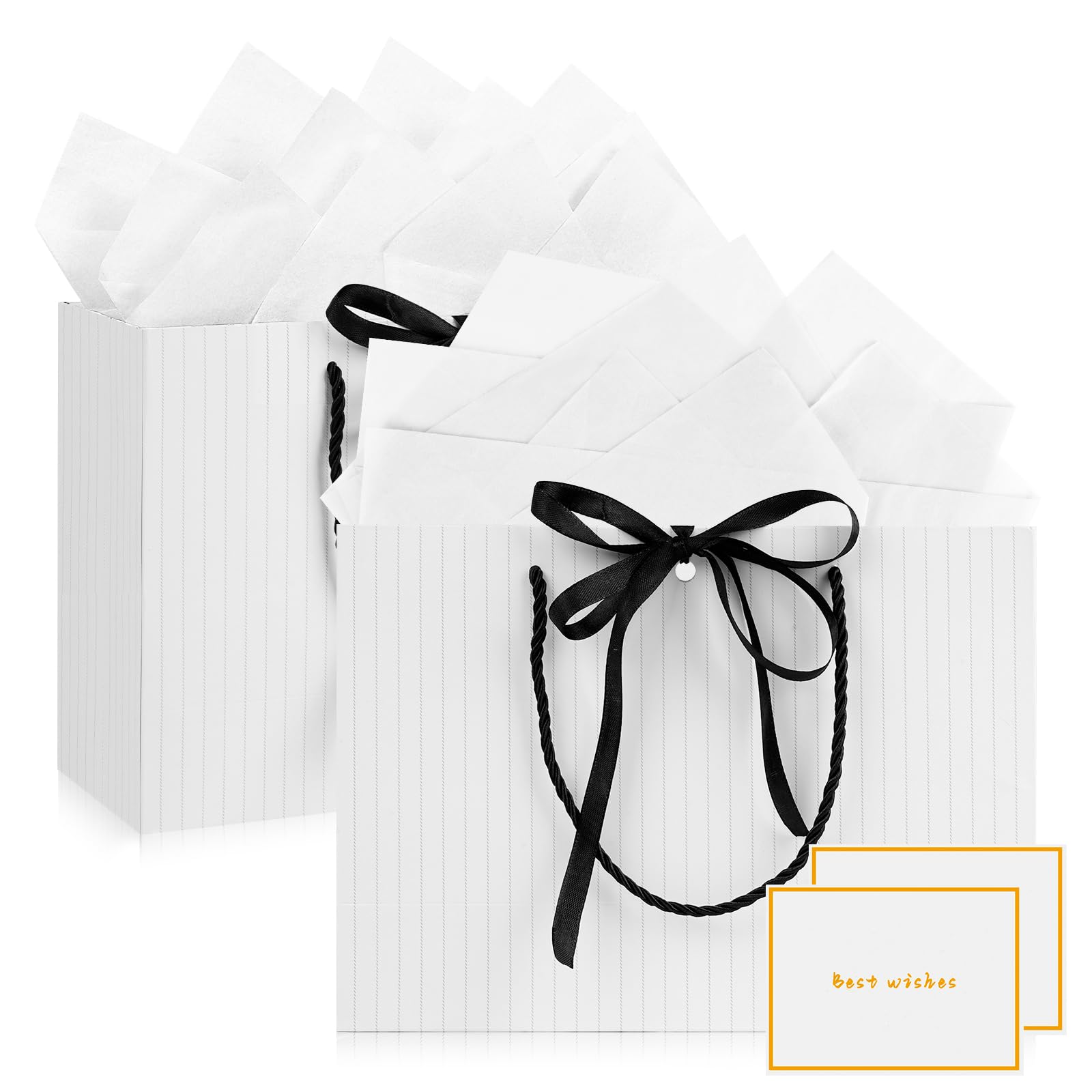 Gfractolux Medium Gift Bags for Women Men, 2 Pcs with Tissue Paper and Cards, 11"X7.9"X3.9", White, Strip Pattern, Perfect for Birthdays, Weddings