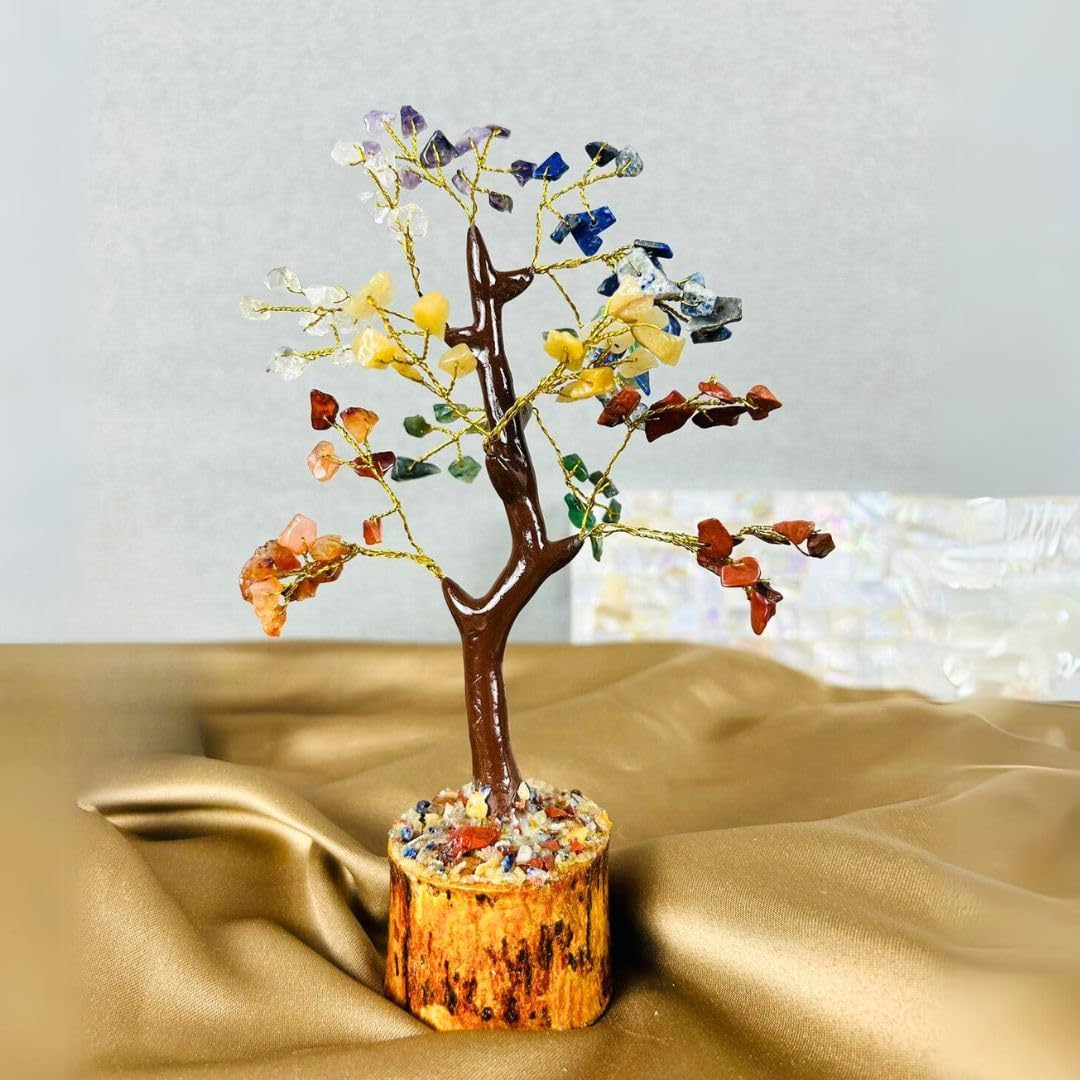 SATYAM KRAFT 1 Pc Seven 7 Chakra Crystals Bonsai Tree with Wooden Pot, Gemstones Idol for Feng Shui, Home Decor, Living Room, Office Desk,Gifting, Decoration, Healing, Good Luck (Pack of 1) (Small)