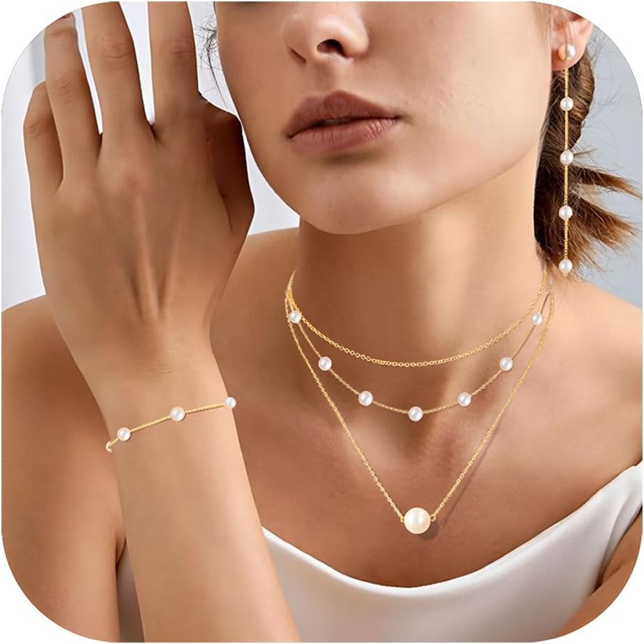 Pearl Gold Jewelry Set for Women – Dainty 14K Gold Plated Pearl Layer Choker Necklace, Bracelet, Drop Earrings – Wedding Jewelry Set for Brides, Gifts