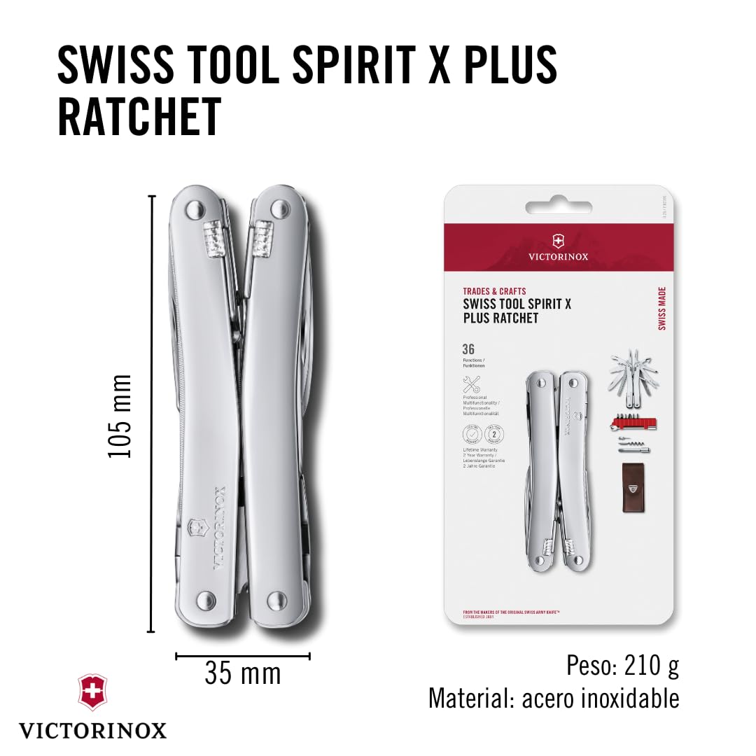 Victorinox Herramienta multifunción Swiss Tool Spirit X Plus Ratchet, 36 funciones, Hecha en Suiza, multiherramienta con hoja de bloqueo, incl. estuche de piel, color plata