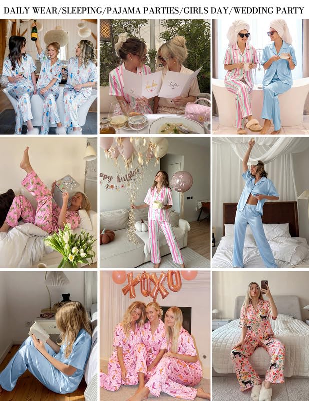 Image of Ekouaer Silk Satin Pajamas Set Women Short Sleeve Pj Sets Button Down Sleepwear 2 Piece Soft Loungewear S-XXL