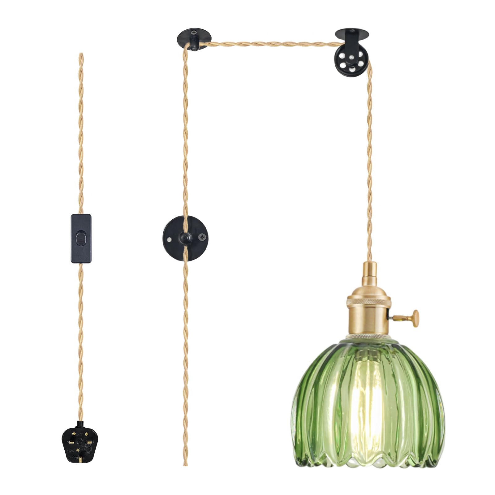 Plug in Pendant Light Fixtures, Hanging Pendant Lights Vintage Glass Pendant Lighting, Mini Green Tulip Light Pendant, Pendant Lights for Kitchen, Bedroom, Dining Room, Light Bulb Not Included