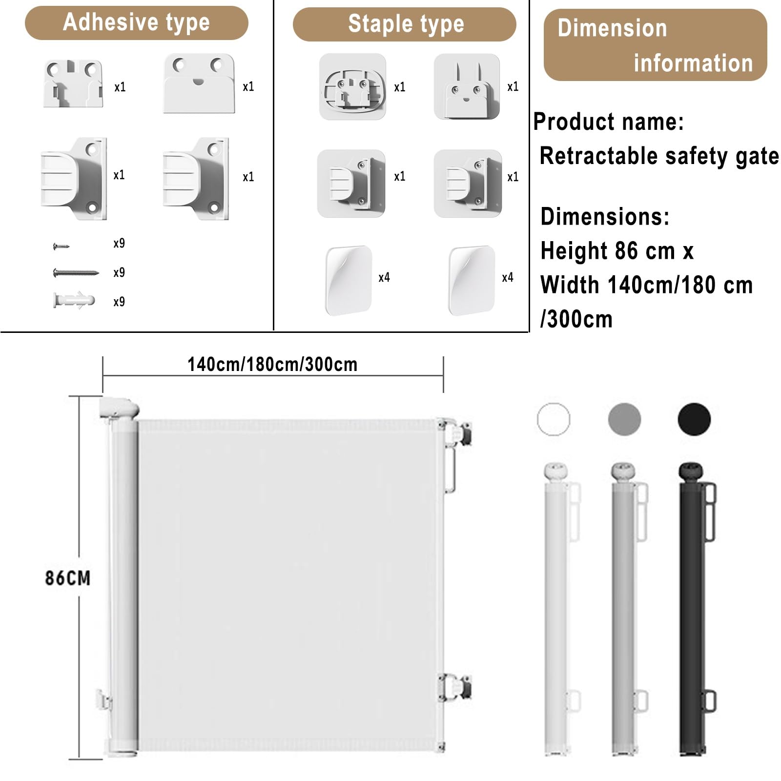 Puerta Retráctil para Bebés y Mascotas, Barrera de Seguridad Extensible Fácil de Instalar Panel de Malla Transpirable, Puerta de Escalera Retráctil para Bebé para Escaleras(Blanco,86 * 180cm)