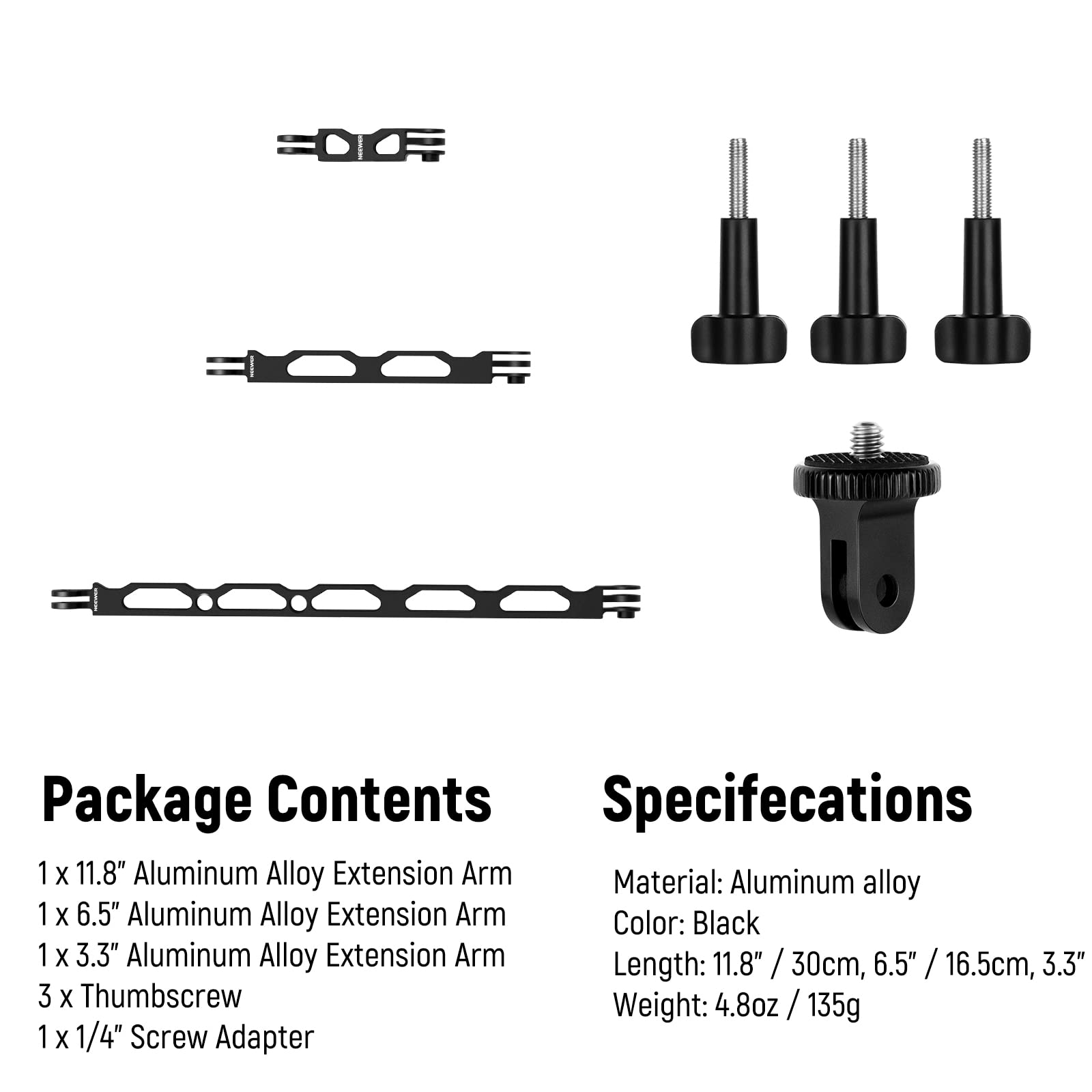 NEEWER Brazo Extensión Aleación Aluminio (11,8"/6,5"/3,3") para Cámara Acción con 3 Thumbscrews y 1/4" Tornillo Adaptador Compatible con GoPro Hero 13 12 11 10 dji Osmo Action 5 Pro Insta360, GP-11