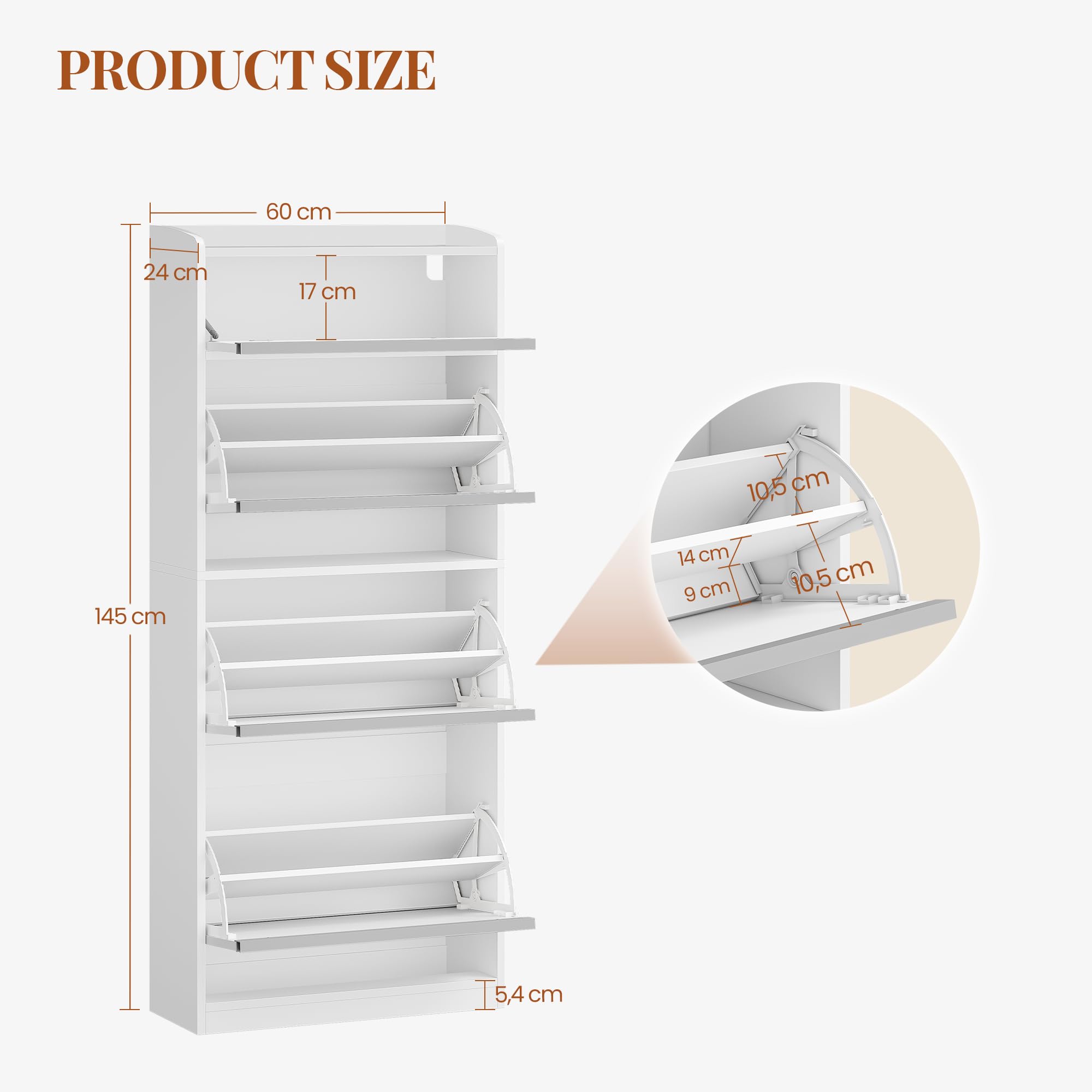 HEXCELEN Zapatero Estrecho con 3 Puertas Abatibles, Mueble para Zapatos con Compartimento Abatible, Separador Ajustable, para 12-18 Pares, para Pasillo, Entrada, 60 x 24 x 145 cm, Blanco