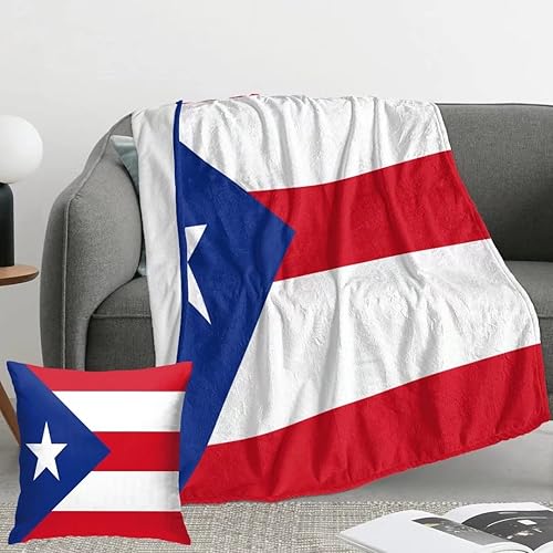 Manta de bandera de Puerto Rico de 50 x 40 pulgadas, manta de microfibra ligera y suave con funda de almohada de 18 x 18 pulgadas, perfecta para