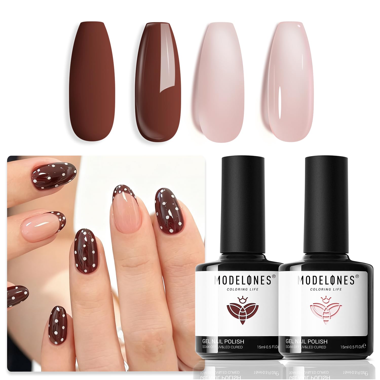 modelones Brown Gel Nail Polish Set 2 Pcs 15 ML Nude Brown Winter Gel Polish Neutral Skin Tone Translucent Nude Soak Off Gel Nail Kit Manicure DIY At