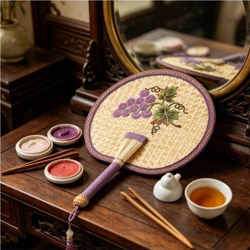 Handwoven Straw Hand Fan with Grape Embroidery Chinese Handheld for Cooling Home Decor