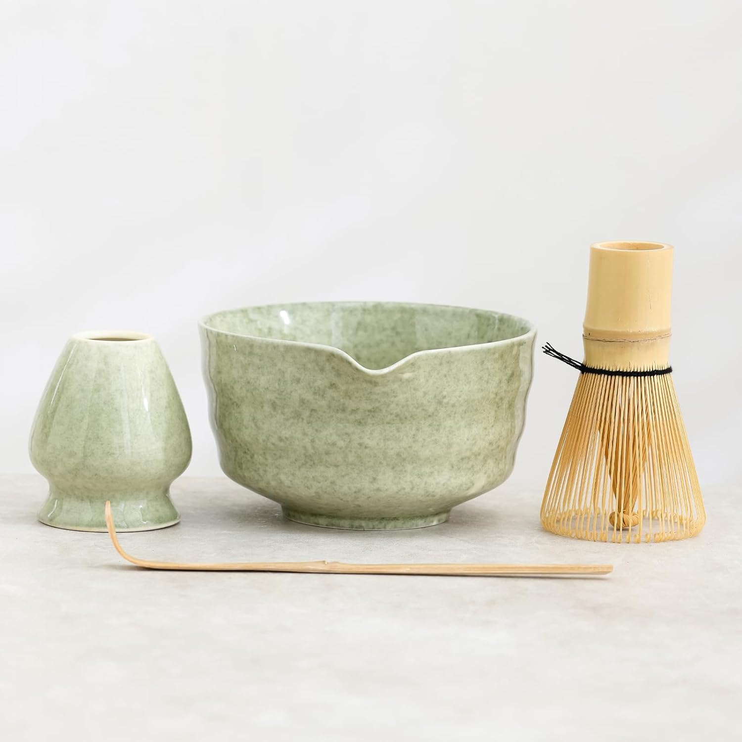 Japanese Matcha Set Includes Matcha Bowl with Spout, Matcha Whisk Holder, Bamboo Matcha Whisk and Bamboo Scoop, 17 oz Mottled Tea Green Glaze Ceramic Matcha Kit for Tea Lovers