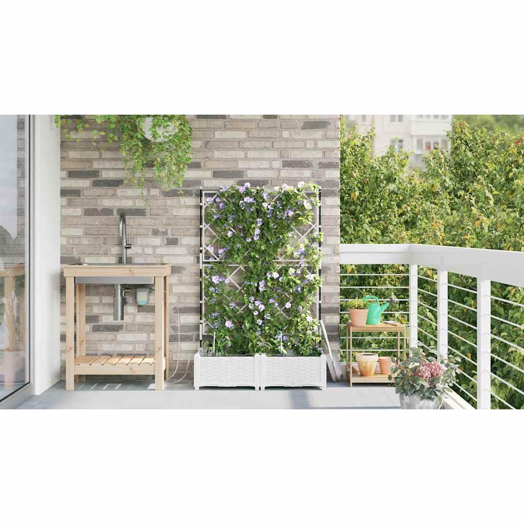 Juego de 2 maceteros de riego de plástico blanco, 80 x 40 x 126 cm | Prácticas jardineras para balcón y terraza con almacenamiento de agua integrado para plantas vitales.