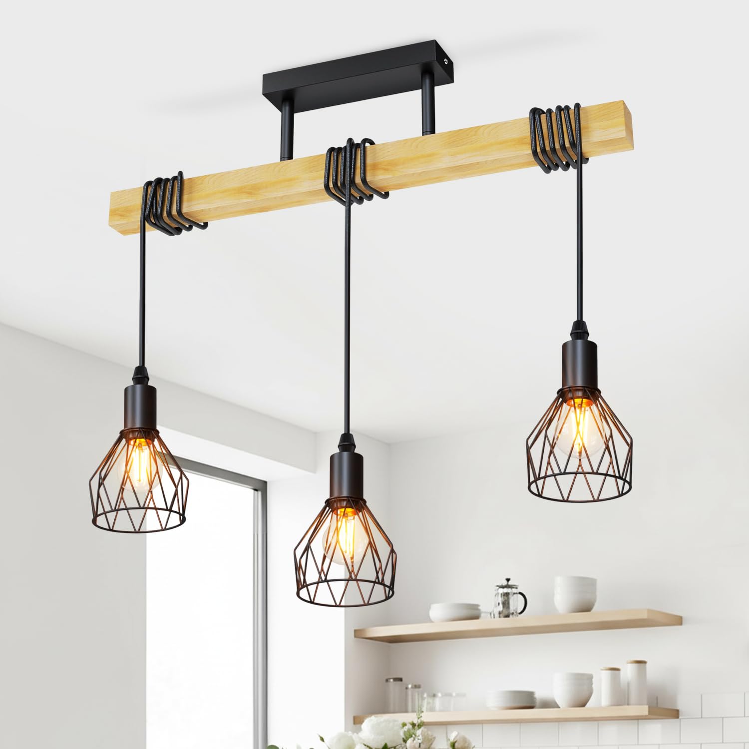 LVWIT Lampara de Techo Colgante Negro, Lamparas Colgantes de Techo Salon,Lámpara de Techo Vintage, Lámparas Colgantes con 3 Luces E14,Ideal para Cocina,Comedor,Dormitorio,Bar,Restaurante(Sin Bombills)