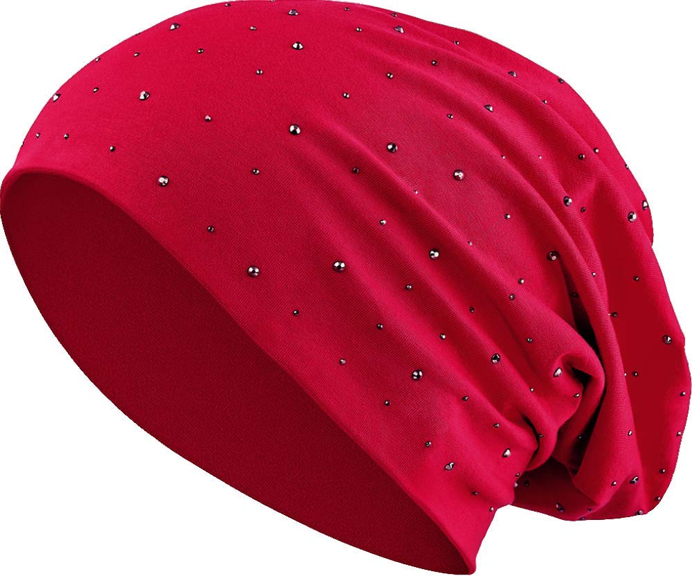 Balinco Jersey Cotton Elastic Long Slouch Beanie Unisex Men Ladies with Rhinestone Star Stones Hat Heather in 35 (7) (Dark Red)