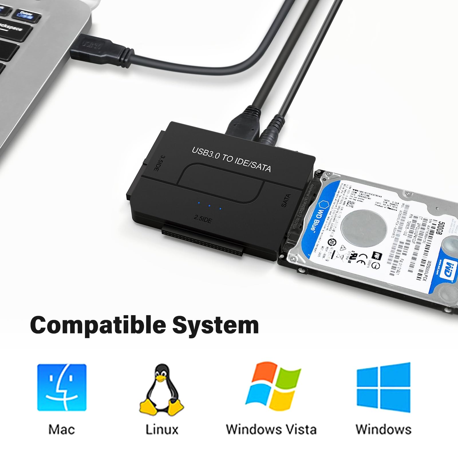 Adattatore USB 3.0 a SATA IDE da USB 3.0 a IDE/SATA per dischi rigidi SATA da 2,5/3,5 pollici, adattatore per disco rigido esterno con cavo USB, cavo SATA e alimentatore da 12 V/2 A