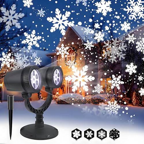 Image of FABILERI Christmas Double Head Snowflake Projection Lights, Outdoor LED Christmas Lights IP65 Waterproof,Rotating Snow Lamp Brighter LED Landscape for Xmas Holiday Party Decoration, Black, HT-TY-10