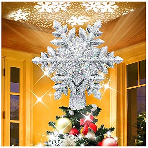 Chriffer Christmas Tree Topper Snowflake Tree Decorations Lighted with LED Snowflake Projector, 3D Silver Snowflake Night Light Festival Romantic Indoor Light Lamp Gift Present for Home Indoor Cover