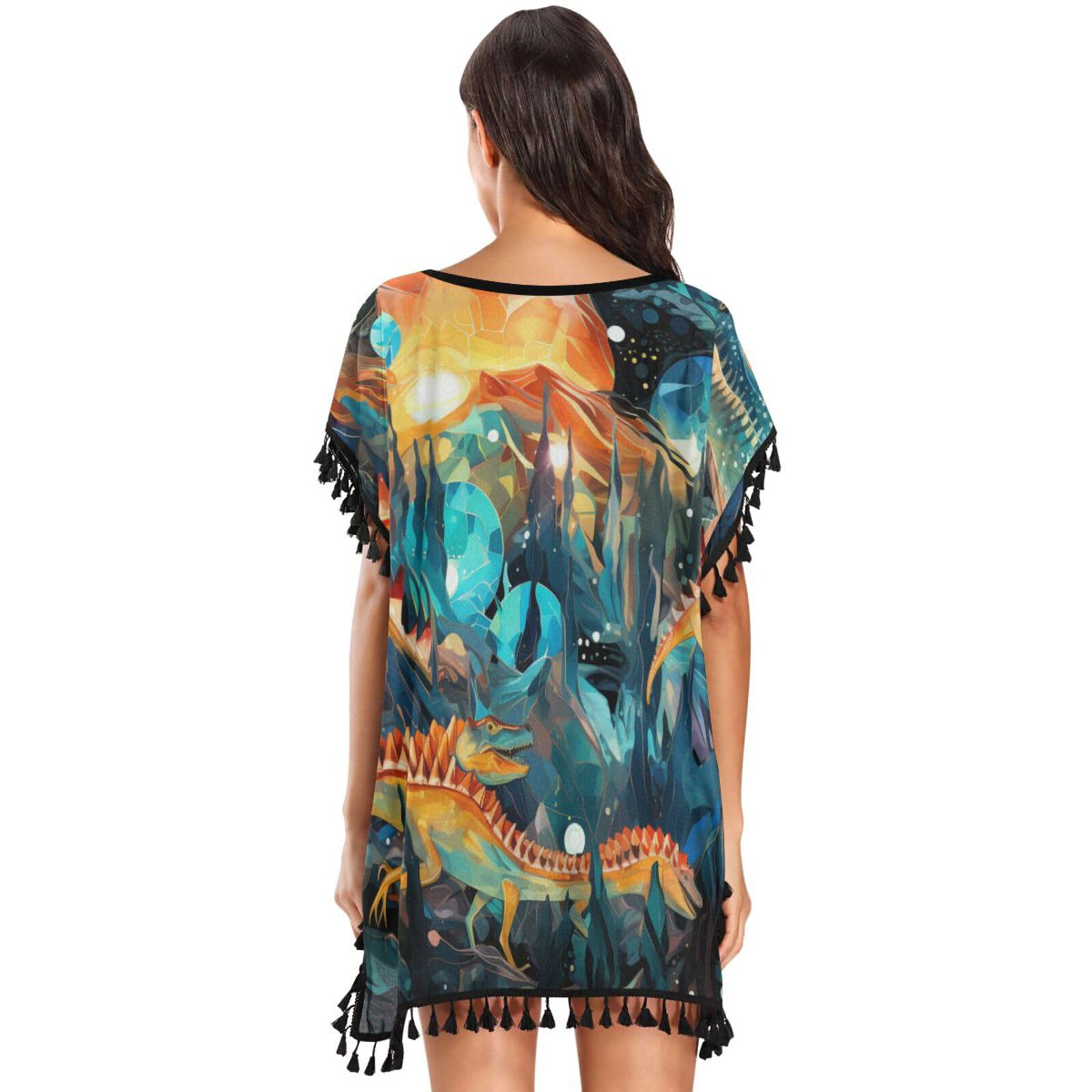 Colorful Art Dinosaurs Women's Beach Cover Up Chiffon Tassel Swimwear Swimsuit Coverups for Girl