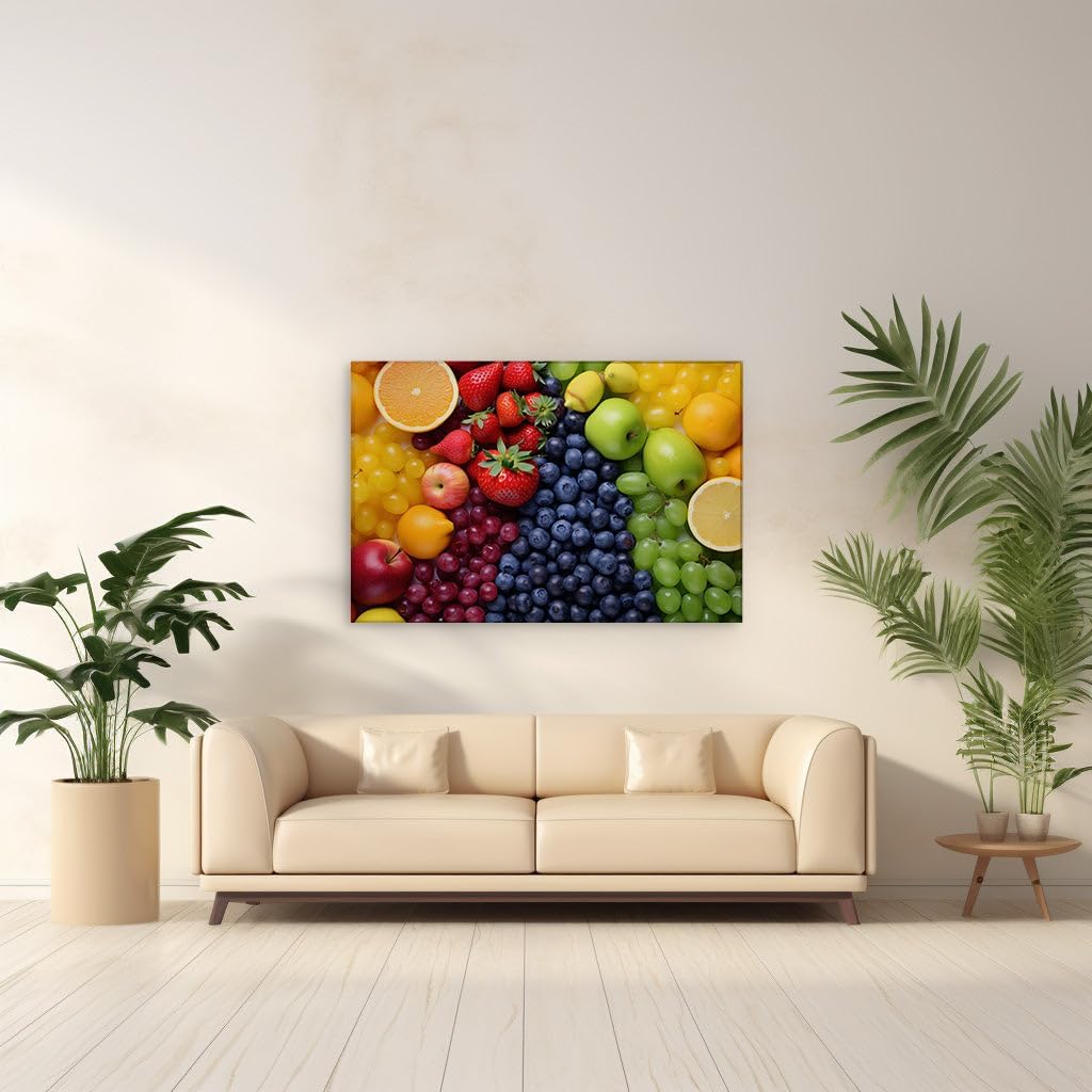 Canvas for Living room. A Symphony of Colors: Unveiling Nature's Rainbow Through an Array of Fresh Fruits, 27 x 18 inch Canvas Wall Art - Beach Sunsets And Sunrises - Modern Home Decor