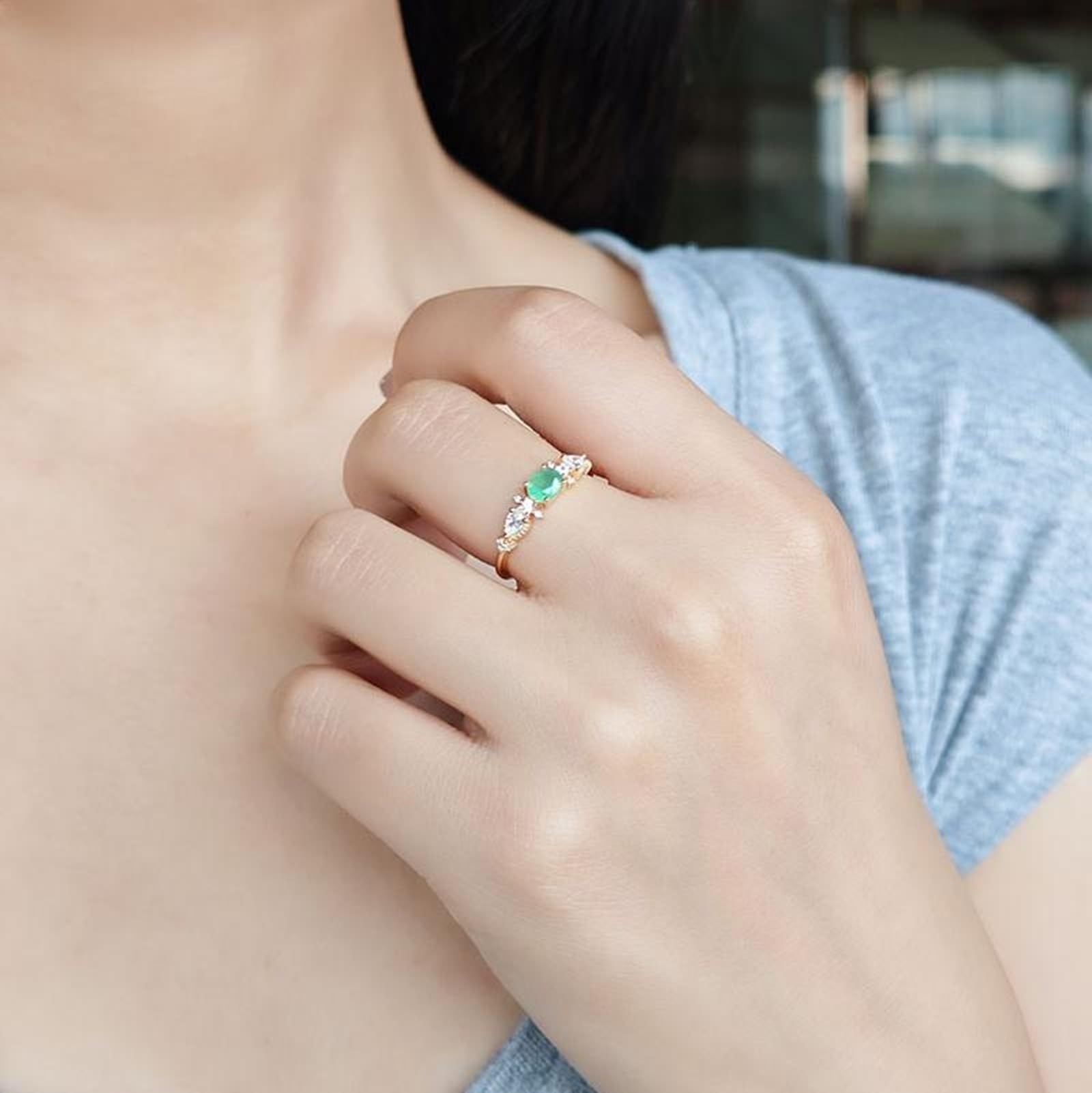 Anelli per partner in oro giallo 9 K/14 K/18 K con calcedonio verde ovale, classici
