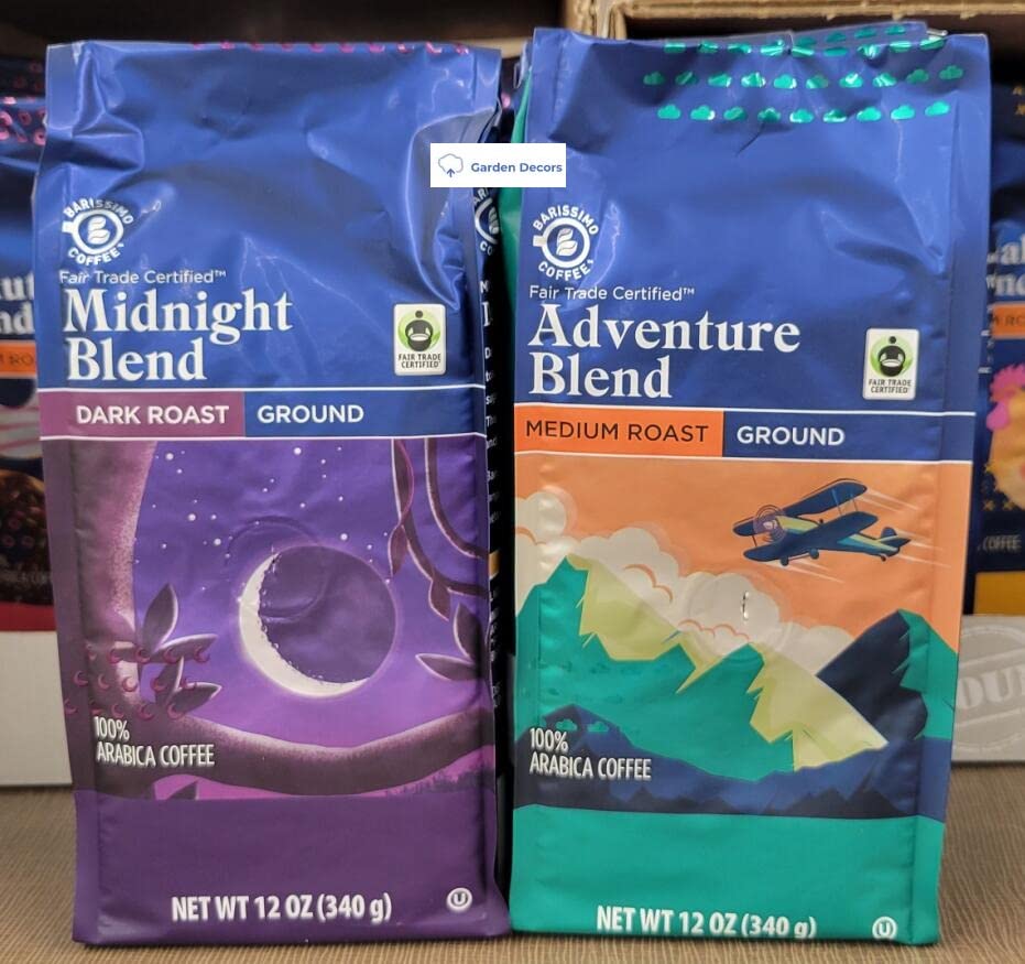 Barissimo Midnight Blend Dark Roast & Adventure Blend Medium Roast Ground Coffee 12oz 340g (Two Bags)